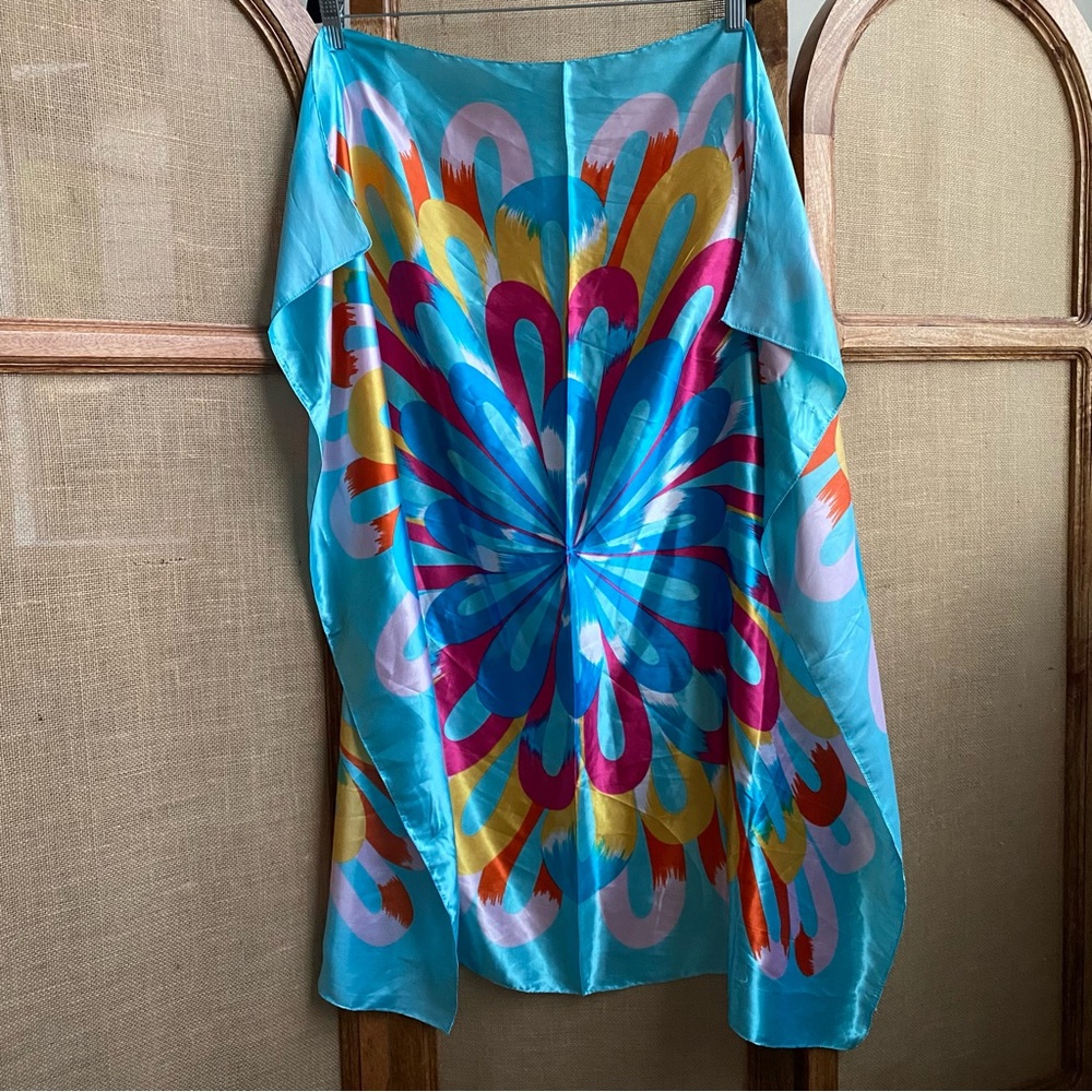 Vibrant Aqua Floral Burst Silk Scarf
